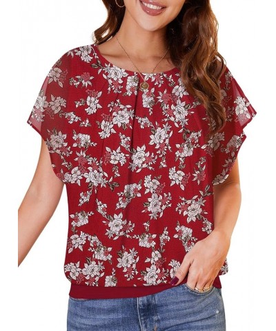 Women's Casual Flouncing Short Sleeve Pleated Front Loose Chiffon Blouse Top Yh-white Flower/Red $10.00 Blouses