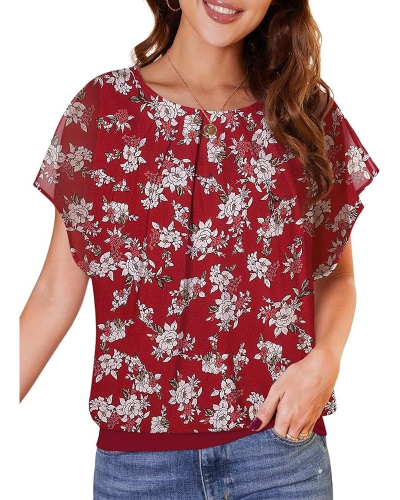 Women's Casual Flouncing Short Sleeve Pleated Front Loose Chiffon Blouse Top Yh-white Flower/Red $10.00 Blouses