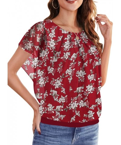 Women's Casual Flouncing Short Sleeve Pleated Front Loose Chiffon Blouse Top Yh-white Flower/Red $10.00 Blouses