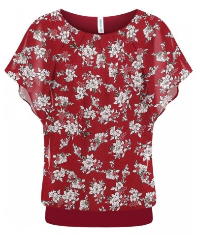 Women's Casual Flouncing Short Sleeve Pleated Front Loose Chiffon Blouse Top Yh-white Flower/Red $10.00 Blouses