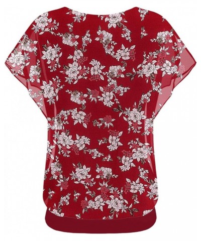 Women's Casual Flouncing Short Sleeve Pleated Front Loose Chiffon Blouse Top Yh-white Flower/Red $10.00 Blouses