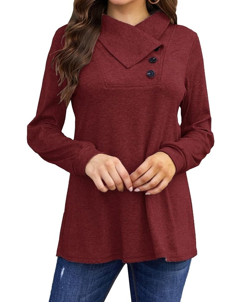 Women's Fall Long Sleeve Cowl Neck Button Tunic Tops Lightweight Sweatshirts Burgundy $18.12 Tops