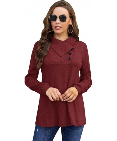 Women's Fall Long Sleeve Cowl Neck Button Tunic Tops Lightweight Sweatshirts Burgundy $18.12 Tops