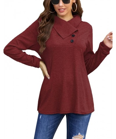 Women's Fall Long Sleeve Cowl Neck Button Tunic Tops Lightweight Sweatshirts Burgundy $18.12 Tops