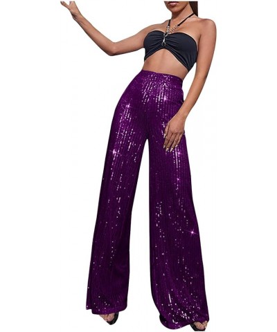 Sequin Palazzo Pants Women Fashion Glitter Sparkle Wide Leg Trousers for Party High Waist Straight Shimmer Long Pants Purple ...