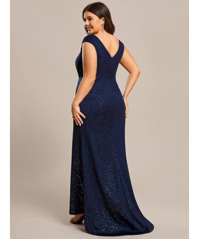 Women's Plus Size V Neck Cap Sleeves Pleated Rhinestone Waist Mermaid Maxi Evening Dresses 01663-DA Navy Blue $38.87 Dresses