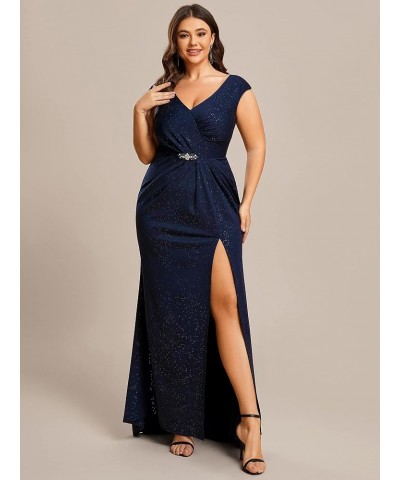 Women's Plus Size V Neck Cap Sleeves Pleated Rhinestone Waist Mermaid Maxi Evening Dresses 01663-DA Navy Blue $38.87 Dresses