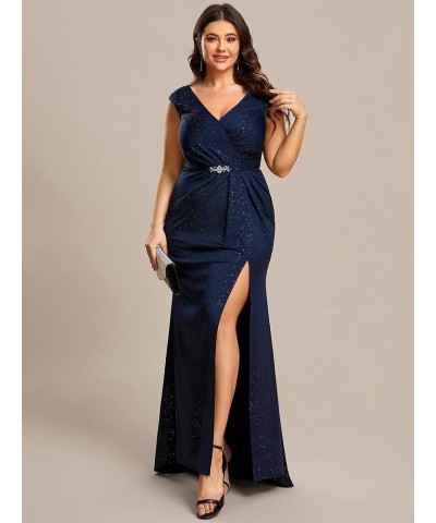 Women's Plus Size V Neck Cap Sleeves Pleated Rhinestone Waist Mermaid Maxi Evening Dresses 01663-DA Navy Blue $38.87 Dresses