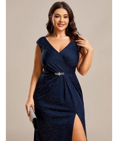 Women's Plus Size V Neck Cap Sleeves Pleated Rhinestone Waist Mermaid Maxi Evening Dresses 01663-DA Navy Blue $38.87 Dresses