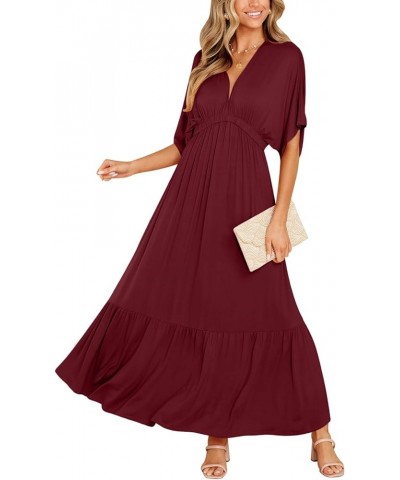 Women’s Summer V Neck Batwing Short Sleeve Maxi Dress Casual Loose High Waist Flowy Long Beach Dress Burgundy $28.49 Swimsuits