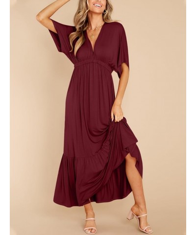 Women’s Summer V Neck Batwing Short Sleeve Maxi Dress Casual Loose High Waist Flowy Long Beach Dress Burgundy $28.49 Swimsuits