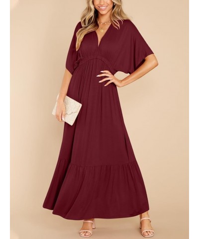 Women’s Summer V Neck Batwing Short Sleeve Maxi Dress Casual Loose High Waist Flowy Long Beach Dress Burgundy $28.49 Swimsuits