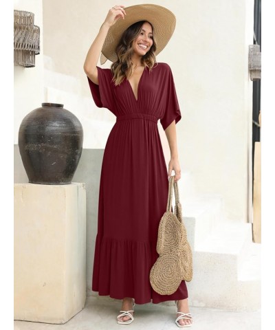 Women’s Summer V Neck Batwing Short Sleeve Maxi Dress Casual Loose High Waist Flowy Long Beach Dress Burgundy $28.49 Swimsuits