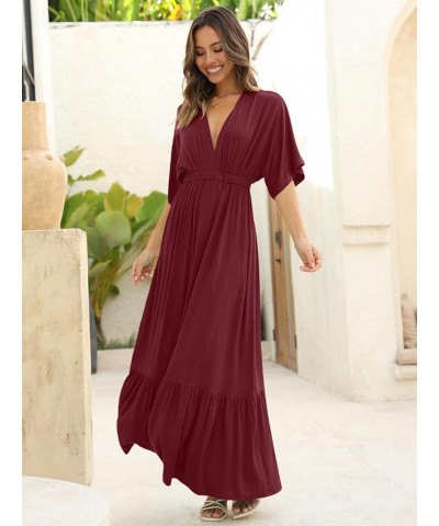 Women’s Summer V Neck Batwing Short Sleeve Maxi Dress Casual Loose High Waist Flowy Long Beach Dress Burgundy $28.49 Swimsuits