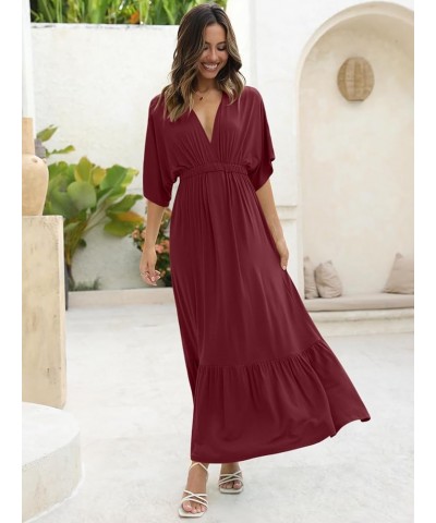 Women’s Summer V Neck Batwing Short Sleeve Maxi Dress Casual Loose High Waist Flowy Long Beach Dress Burgundy $28.49 Swimsuits