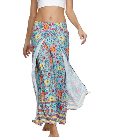 Women's Side Slit Yoga Pants Floral Print Elastic Waist and Ankles Harem Pants Water Blue $10.25 Activewear