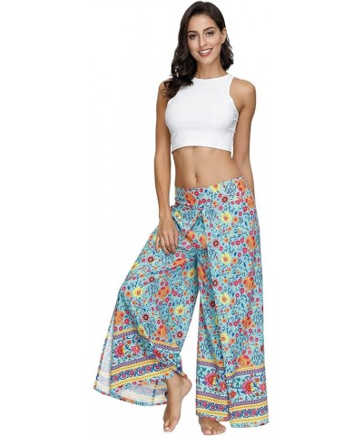 Women's Side Slit Yoga Pants Floral Print Elastic Waist and Ankles Harem Pants Water Blue $10.25 Activewear