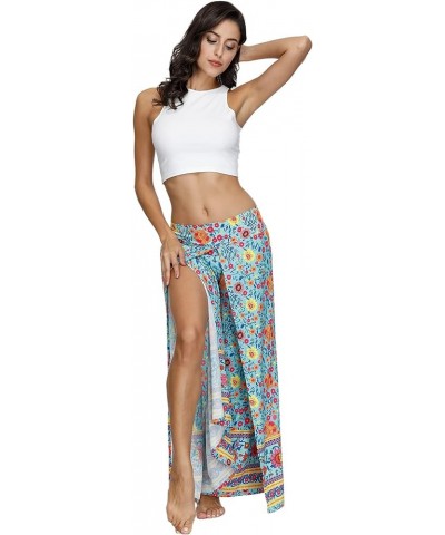 Women's Side Slit Yoga Pants Floral Print Elastic Waist and Ankles Harem Pants Water Blue $10.25 Activewear