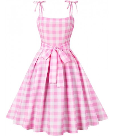 Vintage Pink Gingham Dress for Women Vintage 1950s Cocktail Party Swing Dress 50's Retro Spaghetti Strap Pink Plaid Dress Pin...