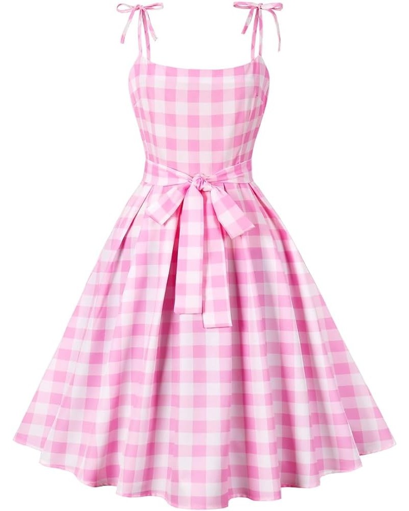 Vintage Pink Gingham Dress for Women Vintage 1950s Cocktail Party Swing Dress 50's Retro Spaghetti Strap Pink Plaid Dress Pin...