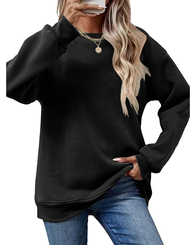 Womens Casual Crewneck Sweatshirts Long Sleeve Solid Color Shirts Trendy Loose Fit Pullover Fleece Fall Tops Black $12.90 Hoo...