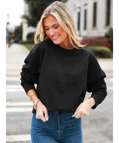 Womens Casual Crewneck Sweatshirts Long Sleeve Solid Color Shirts Trendy Loose Fit Pullover Fleece Fall Tops Black $12.90 Hoo...