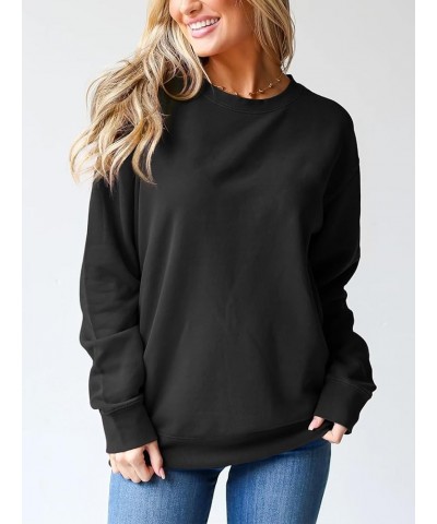 Womens Casual Crewneck Sweatshirts Long Sleeve Solid Color Shirts Trendy Loose Fit Pullover Fleece Fall Tops Black $12.90 Hoo...