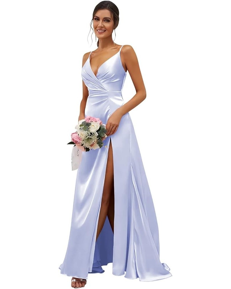 Women's V-Neck Bridesmaid Dresses Long with Slit Satin Pleated Mermaid Formal Dress for Juniors CYM133 Lavender $35.74 Dresses