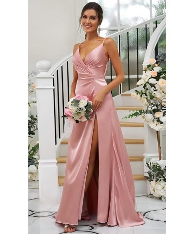 Women's V-Neck Bridesmaid Dresses Long with Slit Satin Pleated Mermaid Formal Dress for Juniors CYM133 Lavender $35.74 Dresses