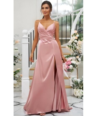 Women's V-Neck Bridesmaid Dresses Long with Slit Satin Pleated Mermaid Formal Dress for Juniors CYM133 Lavender $35.74 Dresses