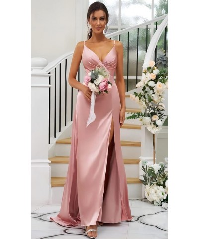 Women's V-Neck Bridesmaid Dresses Long with Slit Satin Pleated Mermaid Formal Dress for Juniors CYM133 Lavender $35.74 Dresses