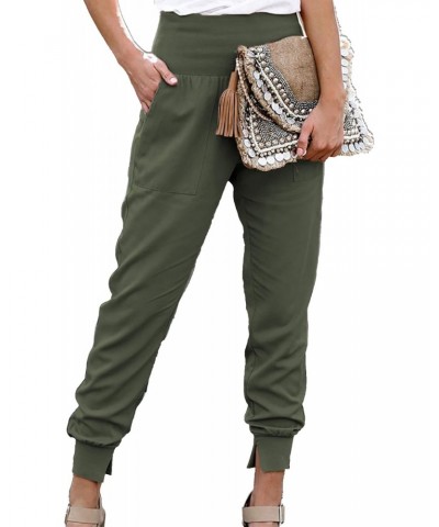 Womens Elastic High Waist Split Hem Pockets Trousers Ladies asual Sweatpants Loose Drawstring Pencil Pants(M-Green) $11.68 Pants