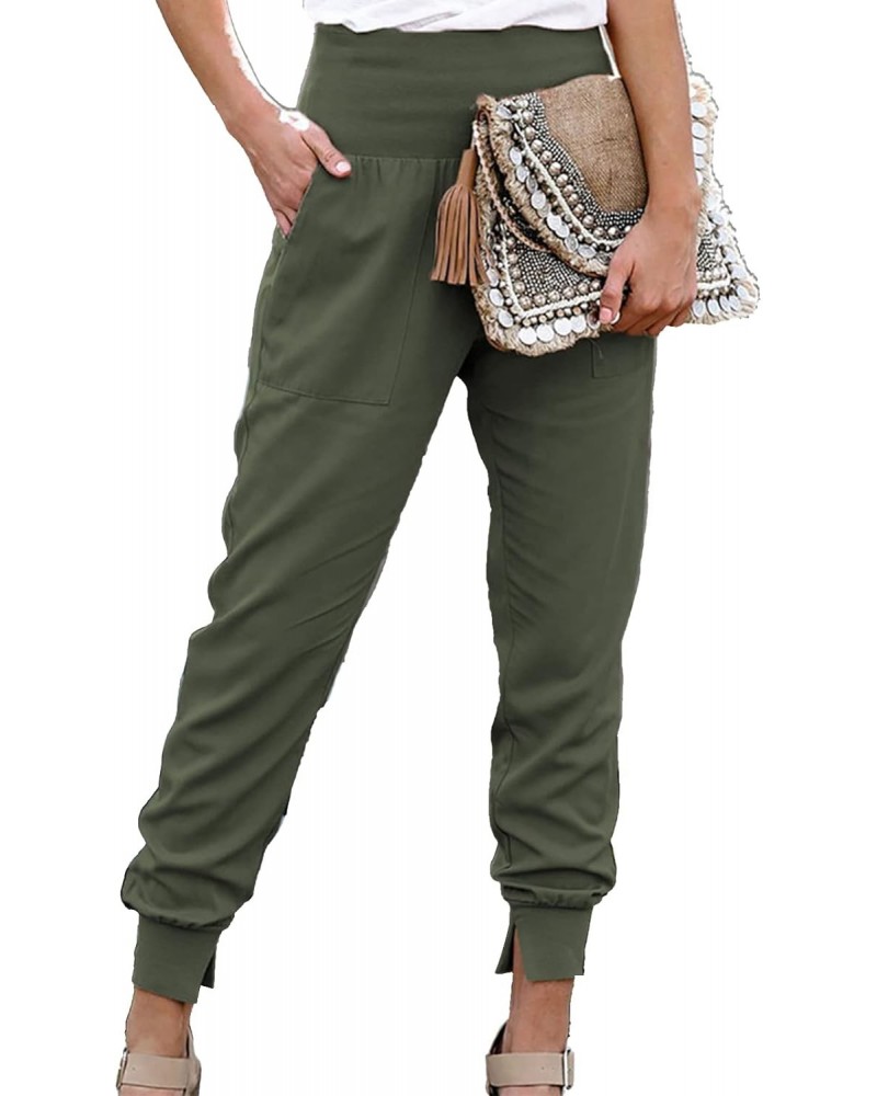 Womens Elastic High Waist Split Hem Pockets Trousers Ladies asual Sweatpants Loose Drawstring Pencil Pants(M-Green) $11.68 Pants