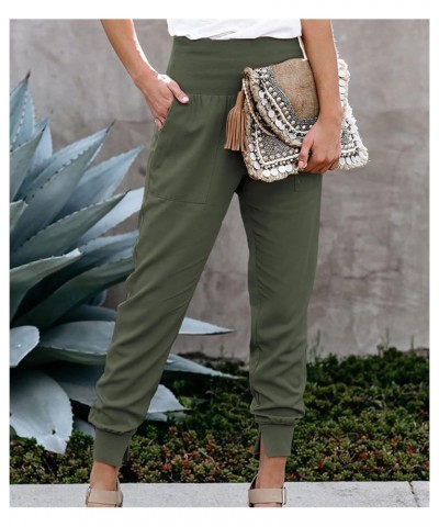 Womens Elastic High Waist Split Hem Pockets Trousers Ladies asual Sweatpants Loose Drawstring Pencil Pants(M-Green) $11.68 Pants