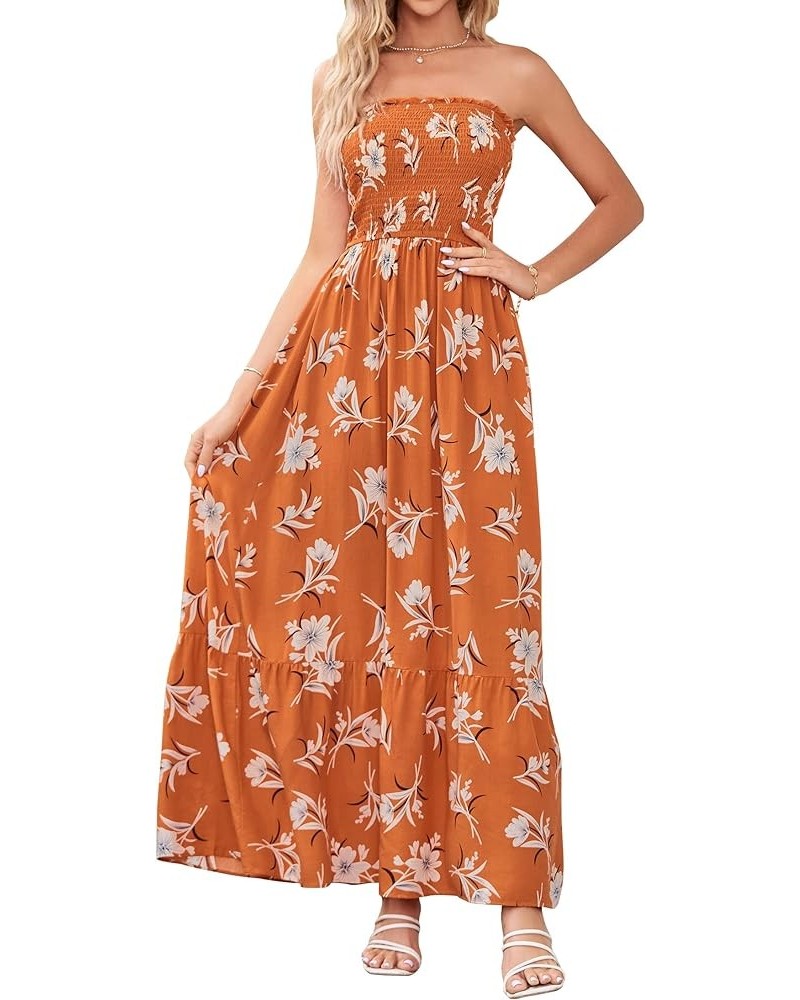 Women's 2024 Summer Bohemian Floral Printed Strapless Beach Party Long Maxi Dress Vintageorange $21.20 Dresses