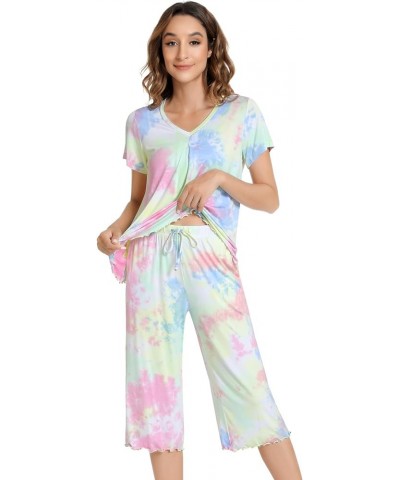 Pajamas for Women Short Sleeve Sleepwear Soft Capri Pants Pajama Sets Cool Pjs S-4XL Pg Tie-dye $21.19 Sleep & Lounge