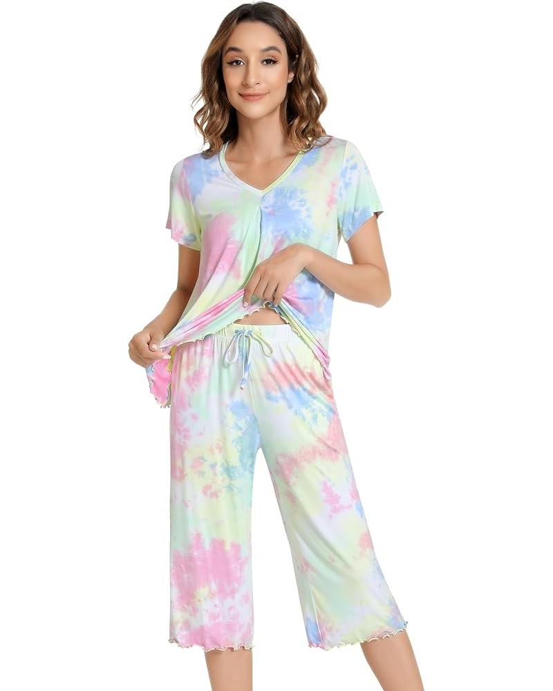 Pajamas for Women Short Sleeve Sleepwear Soft Capri Pants Pajama Sets Cool Pjs S-4XL Pg Tie-dye $21.19 Sleep & Lounge