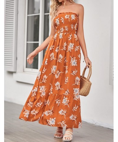 Women's 2024 Summer Bohemian Floral Printed Strapless Beach Party Long Maxi Dress Vintageorange $21.20 Dresses