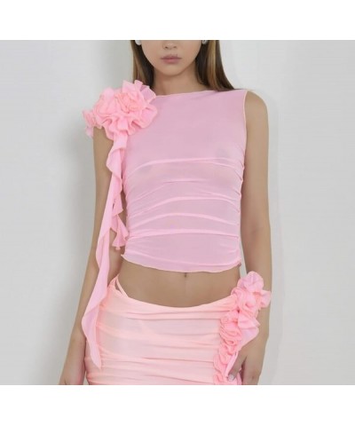 Women 3D Flower Sheer Mesh Tanks Ruffles Tassel See Through Crop Tops Sleeveless Spaghetti Strap Camis Y2k Clothes A-pink $8....