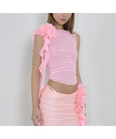 Women 3D Flower Sheer Mesh Tanks Ruffles Tassel See Through Crop Tops Sleeveless Spaghetti Strap Camis Y2k Clothes A-pink $8....