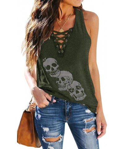 Skull Shirts for Women Tank Tops Sleeveless Workout Summer Printed Loose Running T-Shirt Vest Green $11.99 Tanks