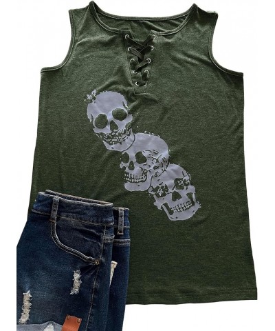 Skull Shirts for Women Tank Tops Sleeveless Workout Summer Printed Loose Running T-Shirt Vest Green $11.99 Tanks