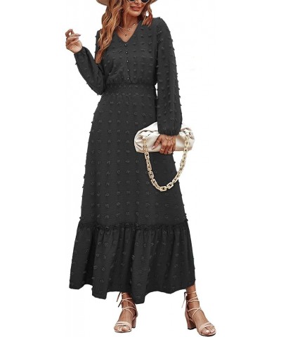 Women's 2023 Fall Long Sleeve Dress Party Wedding Guest Swiss Dot V Neck Chiffon Dresses Y-black $10.19 Dresses