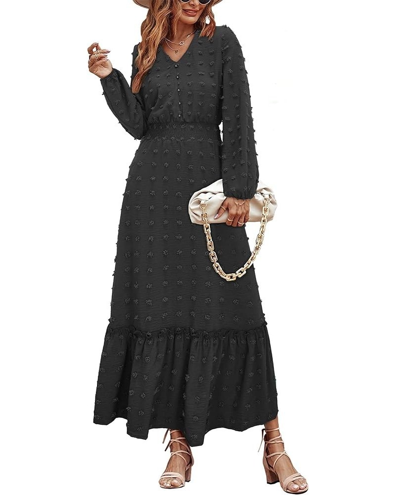 Women's 2023 Fall Long Sleeve Dress Party Wedding Guest Swiss Dot V Neck Chiffon Dresses Y-black $10.19 Dresses