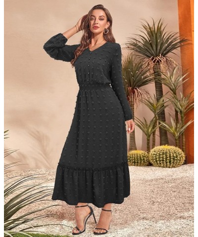 Women's 2023 Fall Long Sleeve Dress Party Wedding Guest Swiss Dot V Neck Chiffon Dresses Y-black $10.19 Dresses