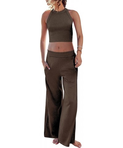 Women's Two Piece Summer Sets Ribbed Tank Crop Top Wide Leg Pants 2 Piece Outfits Matching Lounge Sets Tracksuit Brown $22.05...