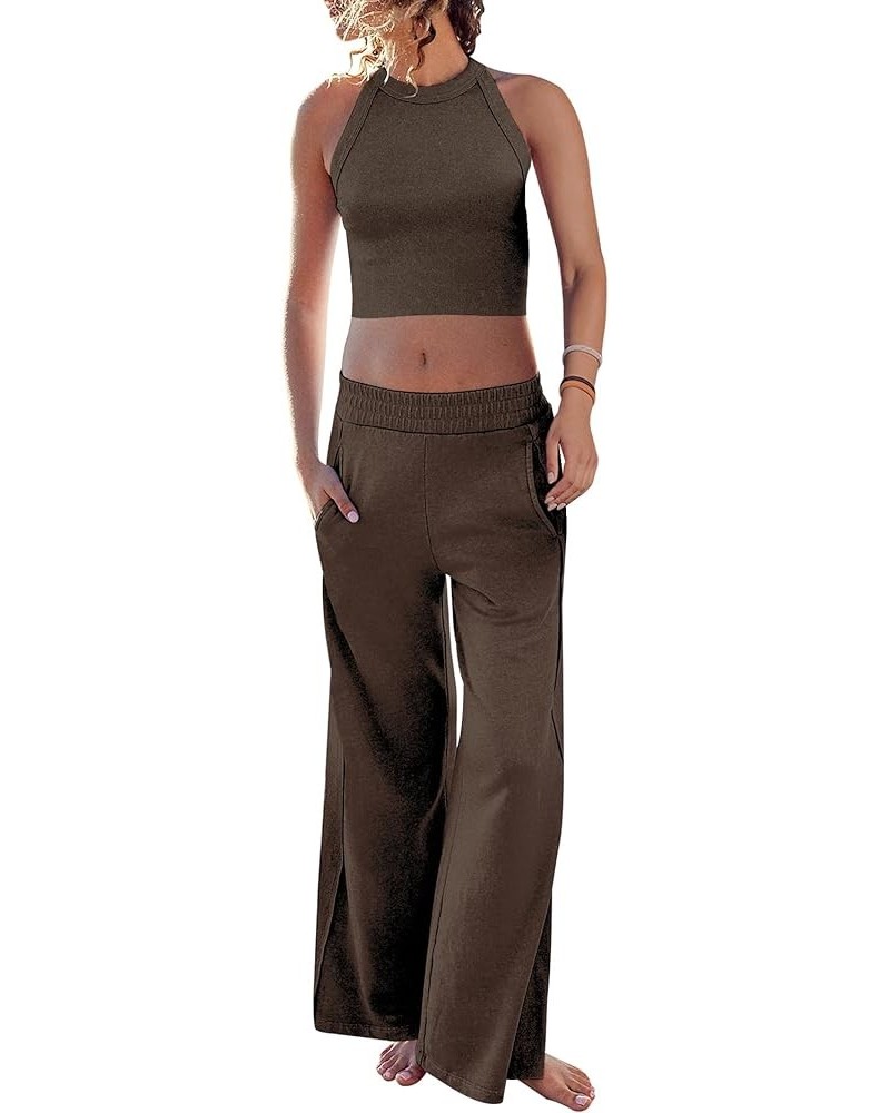 Women's Two Piece Summer Sets Ribbed Tank Crop Top Wide Leg Pants 2 Piece Outfits Matching Lounge Sets Tracksuit Brown $22.05...