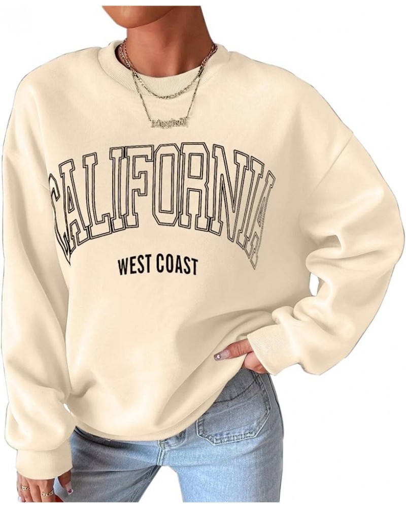 Women’s Oversized California Letter Graphic Crew Neck Sweatshirt Drop Shoulder Baggy Fleece Pullover Preppy Top Apricot $15.5...