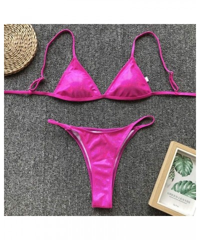 Women Shiny Bikini Micro Sexy String Two Pieces Swimsuit Female Thong Swimwear Pink $12.18 Swimsuits