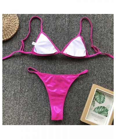 Women Shiny Bikini Micro Sexy String Two Pieces Swimsuit Female Thong Swimwear Pink $12.18 Swimsuits